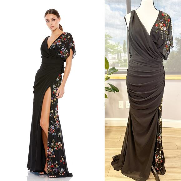 FAUX WRAP MULTI COLORED BEADED FLORAL GOWN 26530 Size 12 - Picture 1 of 10